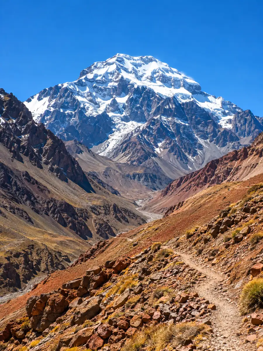 The snowy summit of Aconcagua at the head of the Horcones valley, a trail winding through rust-coloured scree