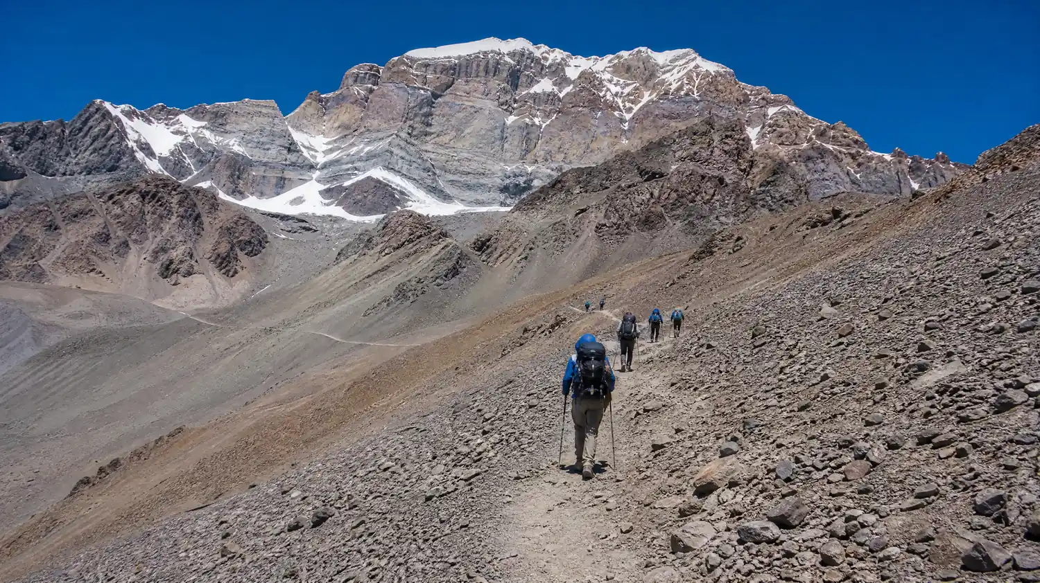 Hikers seen from behind on a long zig-zag scree path at high altitude, dry brown and grey mountains with patches of snow