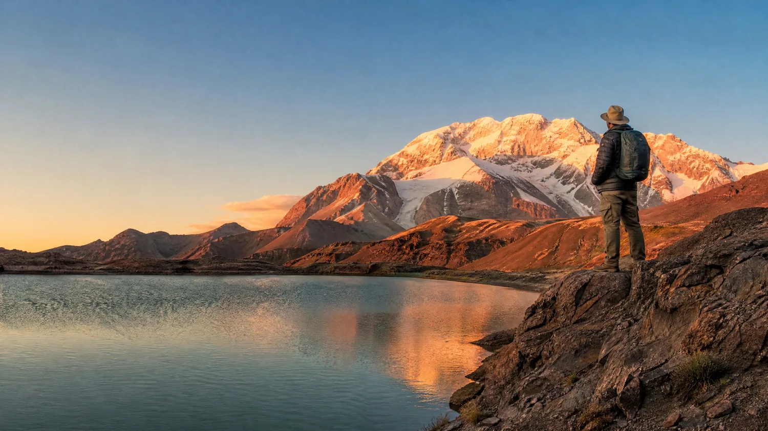 A hiker in a sun hat on a rocky rise beside a small lagoon at golden hour, the snowy massif of Aconcagua glowing pink behind